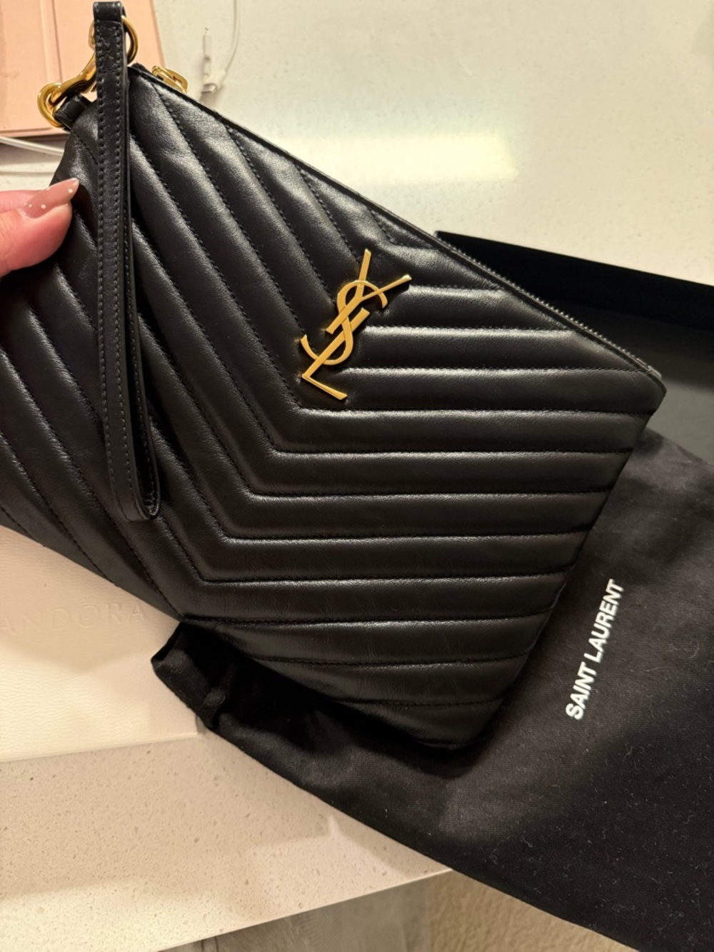 Saint Laurent JOLIE Black Quilted Leather Wristlet with Gold YSL Logo